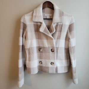 Rachel Zoe Minimalist Women's Plaid Cropped Eyelash Teddy Jacket Cream Tan, S